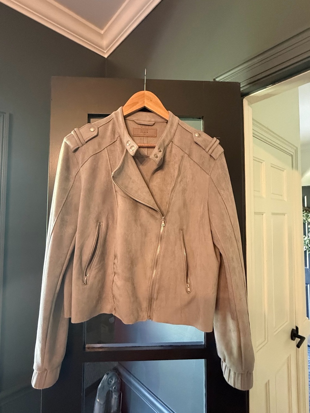 Women's Faux Suede Motorcycle Jacket - Light Grey